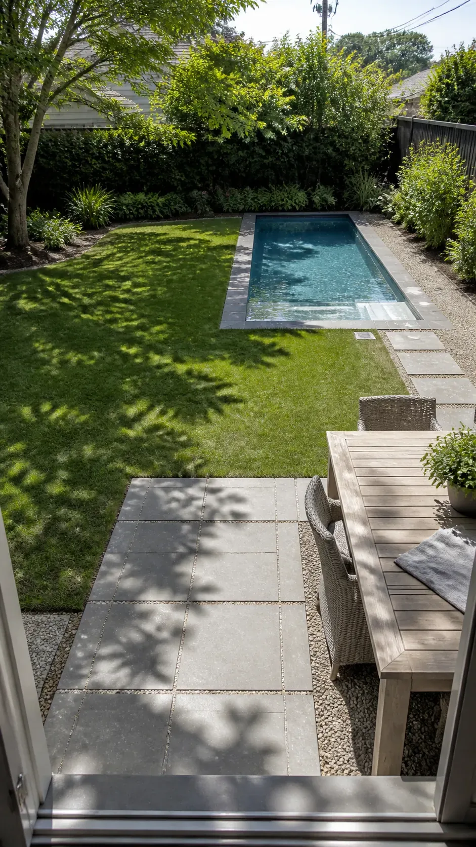 Modern corner pool layout preserving a large open lawn