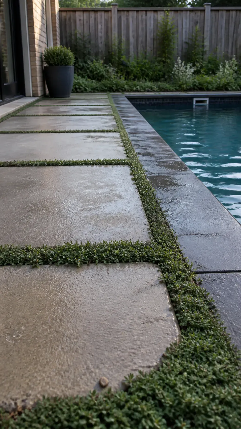 Modern pool with large stepping slabs and green groundcover joints