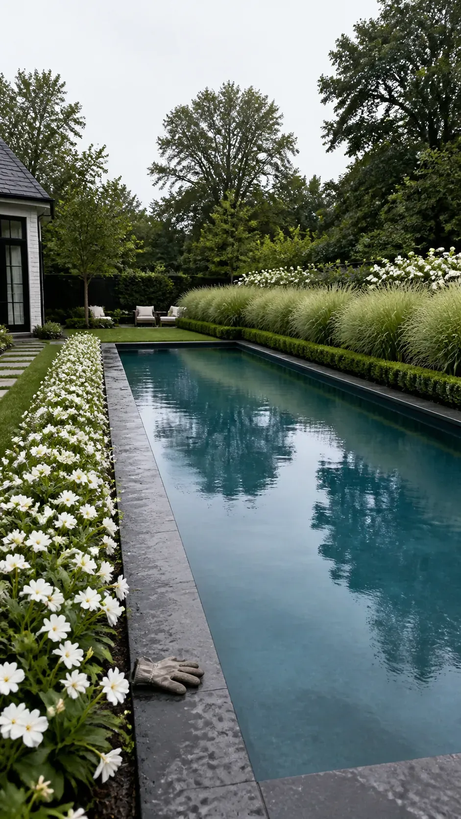 Contemporary pool framed by broad bands of monochrome planting