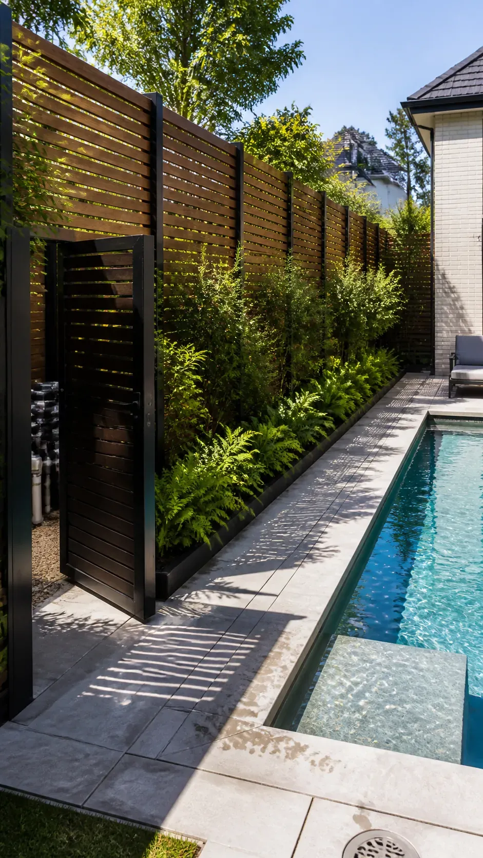 Modern pool with a slatted privacy screen and layered planting