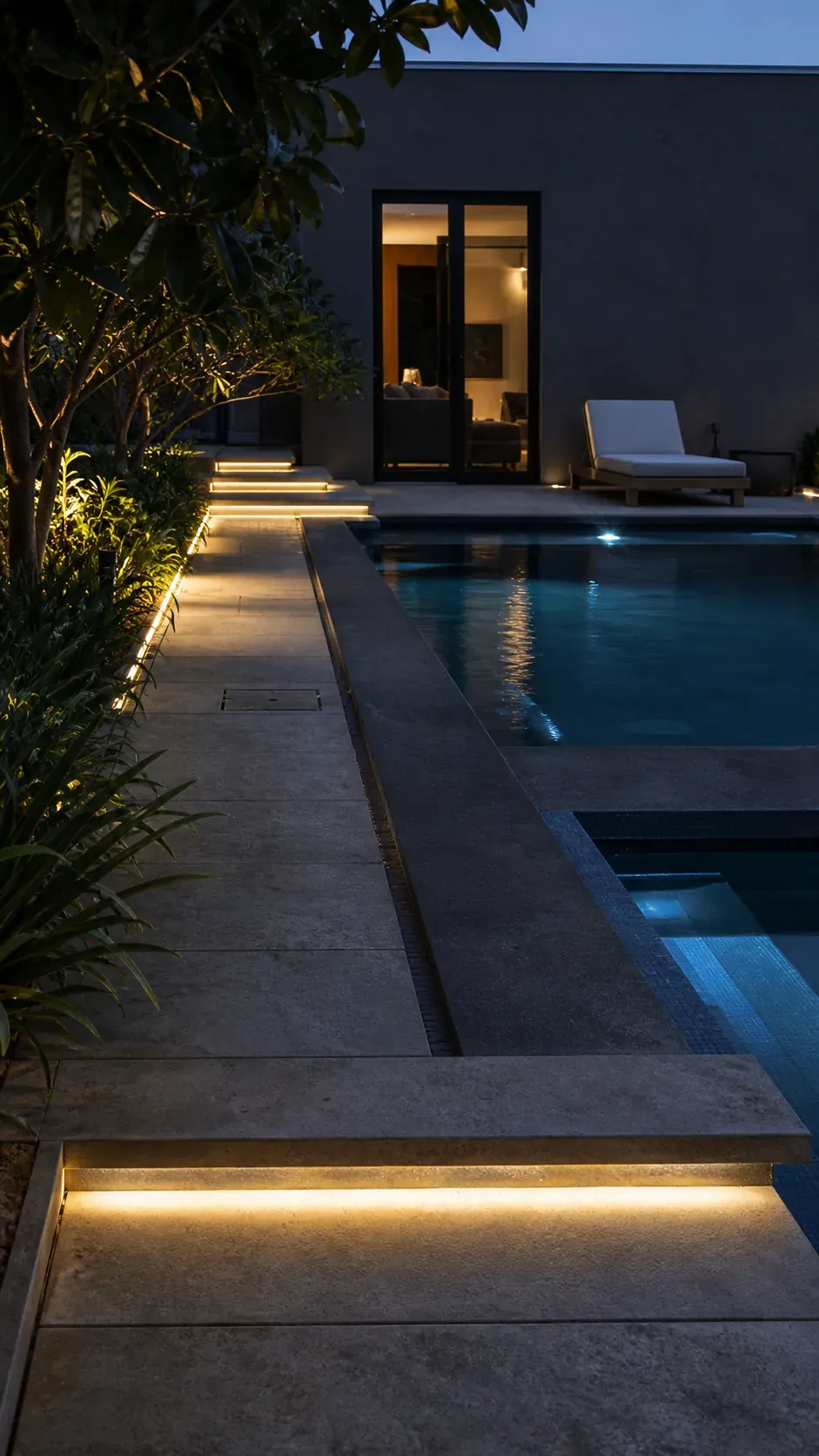 Modern pool with restrained linear lighting along safe walking routes