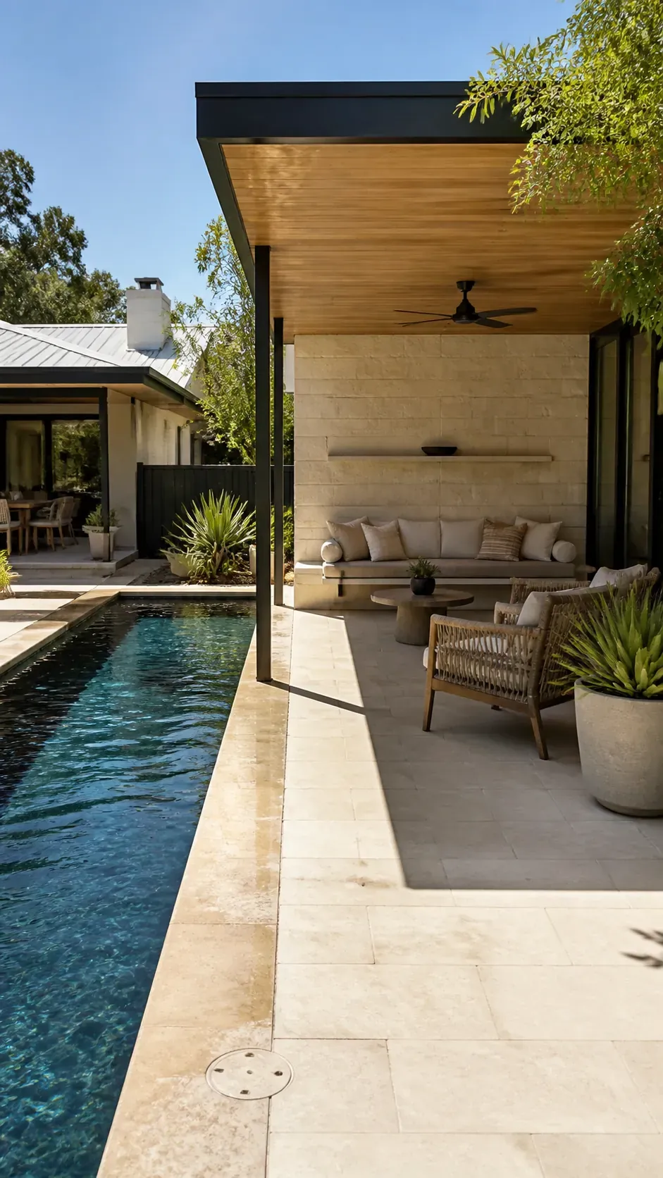 Modern backyard pool with a covered lounge positioned for afternoon shade
