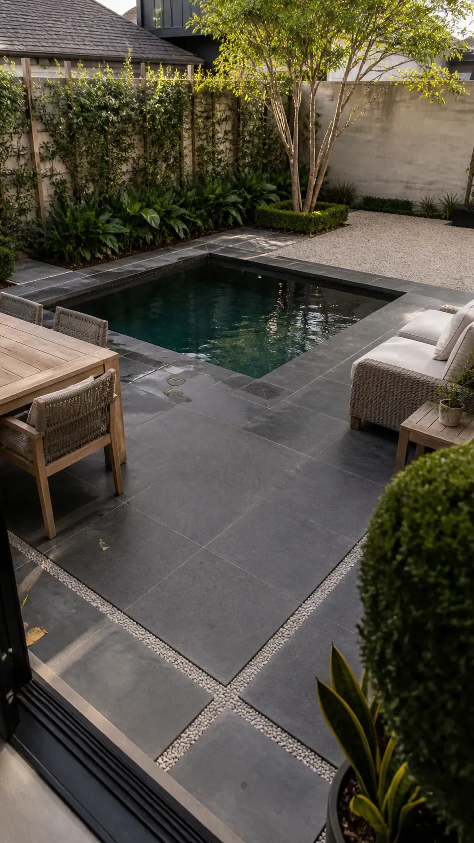 Small square modern pool anchoring a four-part backyard garden