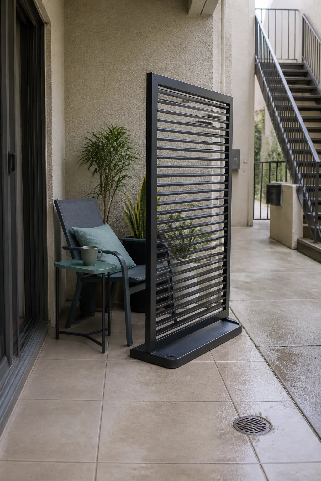 Renter-friendly slatted divider beside a compact apartment patio chair