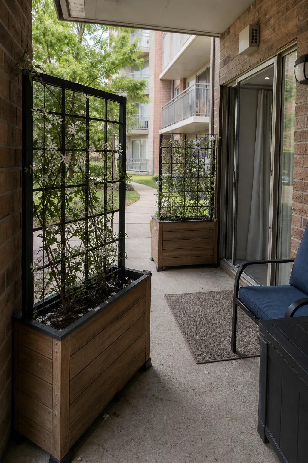 Freestanding planter trellis screens on a ground-floor apartment patio