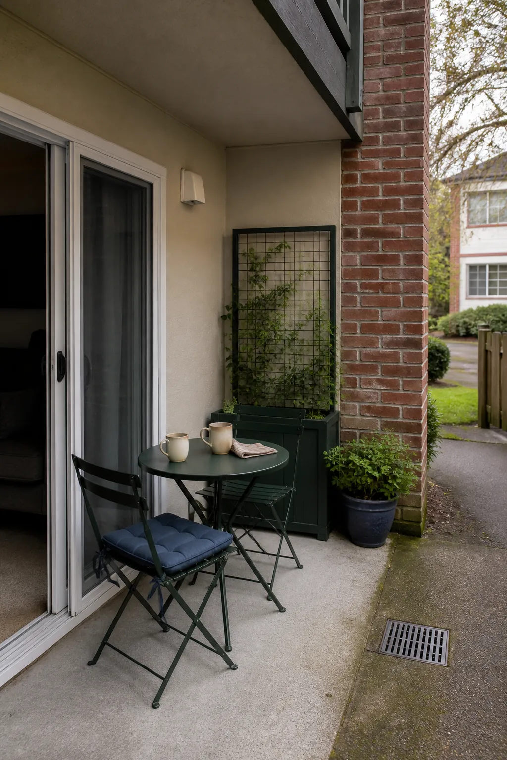 Compact café table tucked into a protected ground-floor patio corner