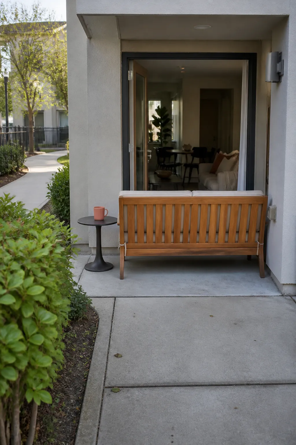 Small patio bench facing inward toward a ground-floor apartment