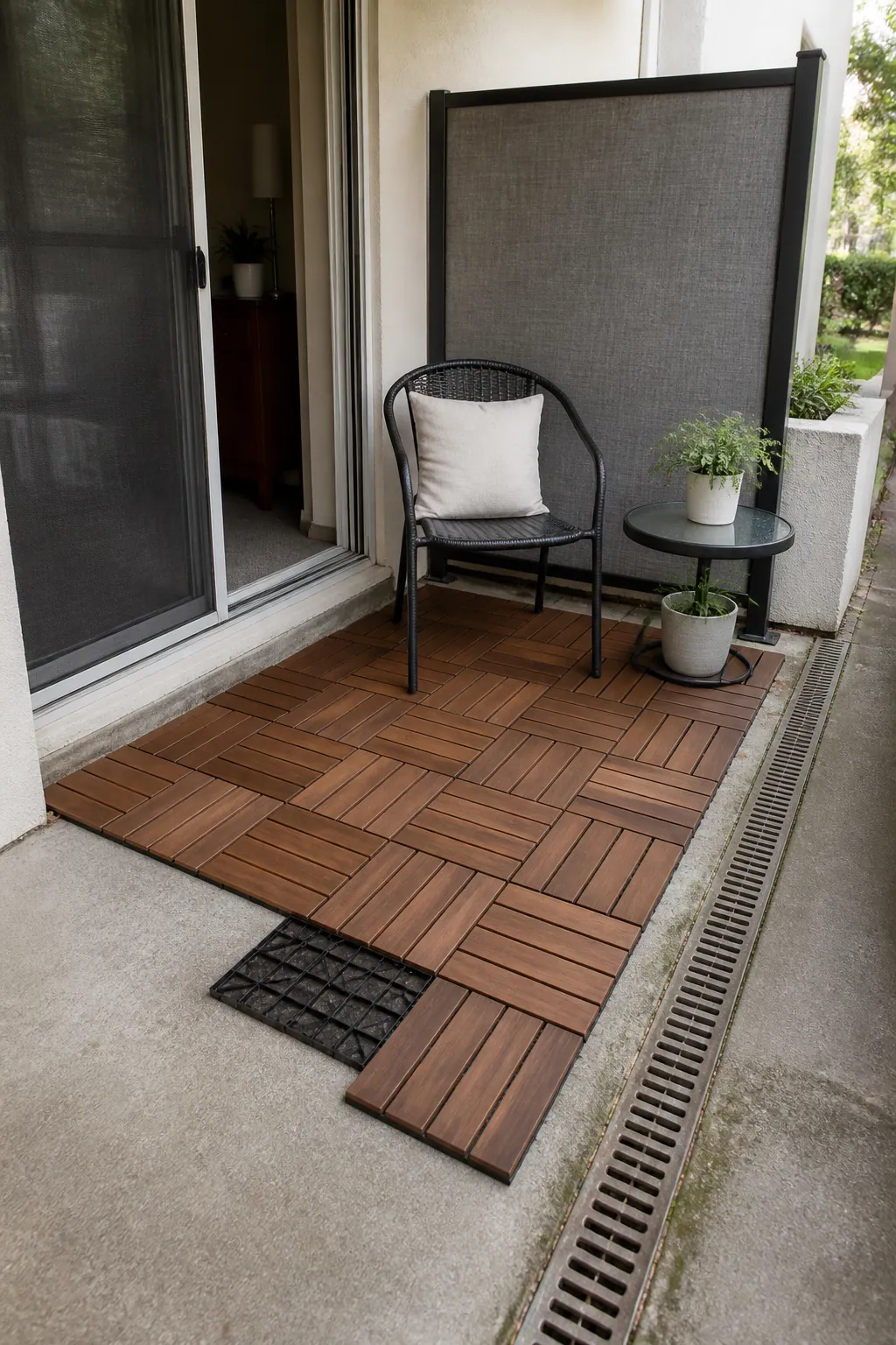 Removable deck tiles defining a renter-friendly patio seating zone