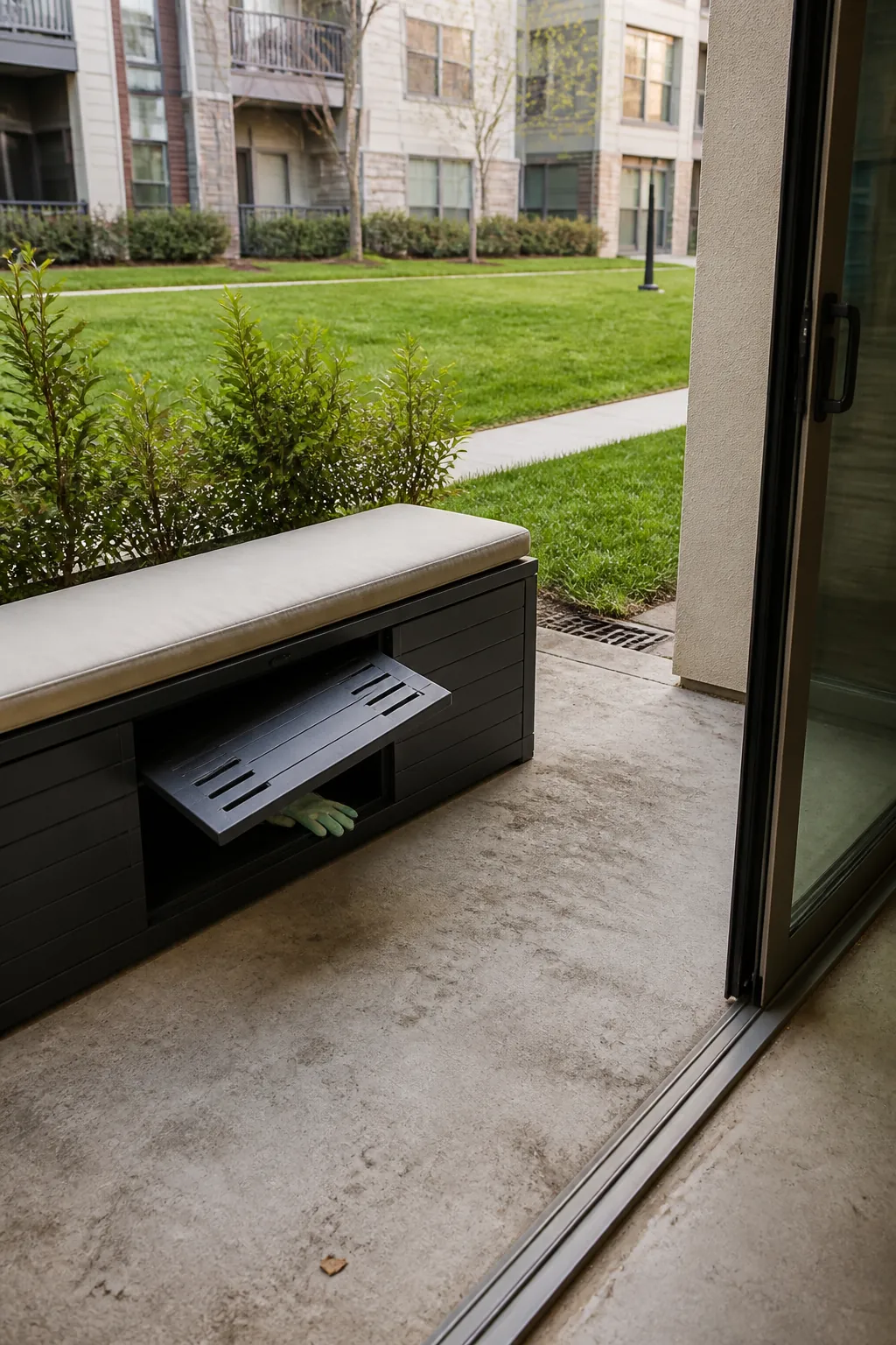 Low storage bench defining a small apartment patio boundary
