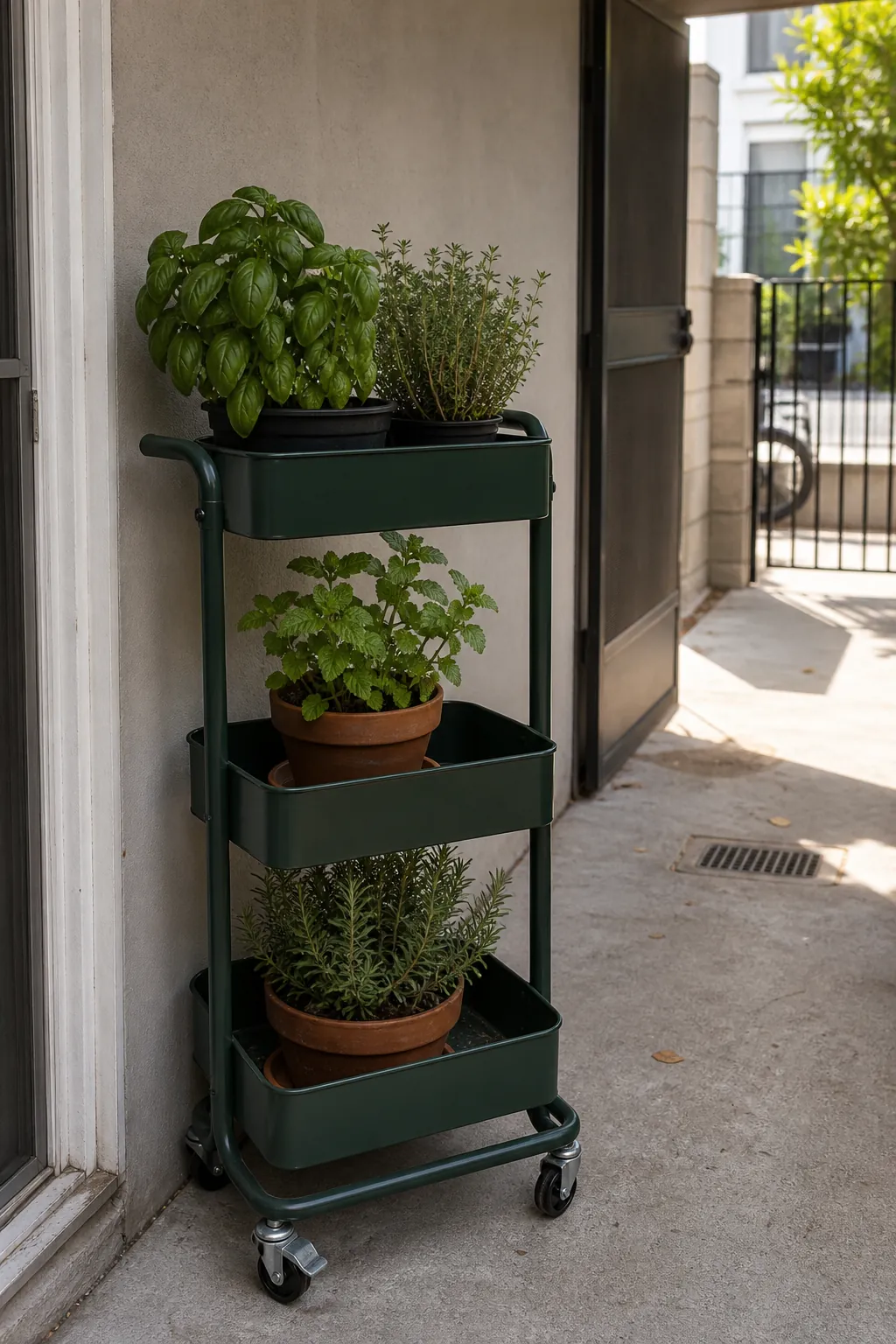 Mobile herb cart positioned on a sunny ground-floor apartment patio