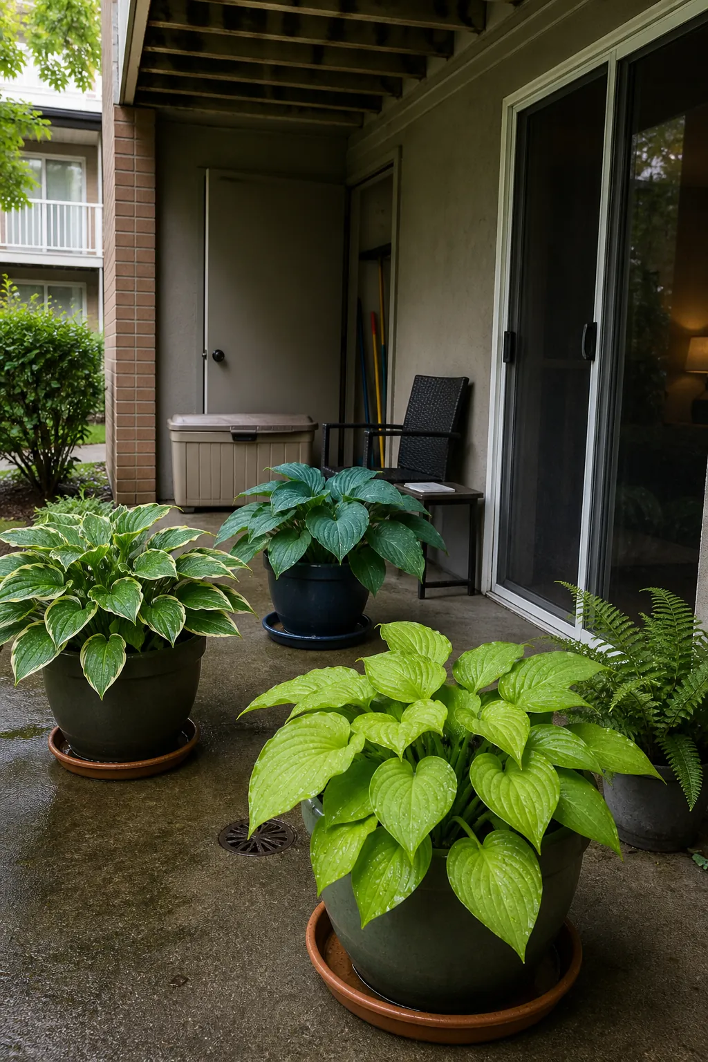 Potted hostas brightening a shaded ground-floor patio