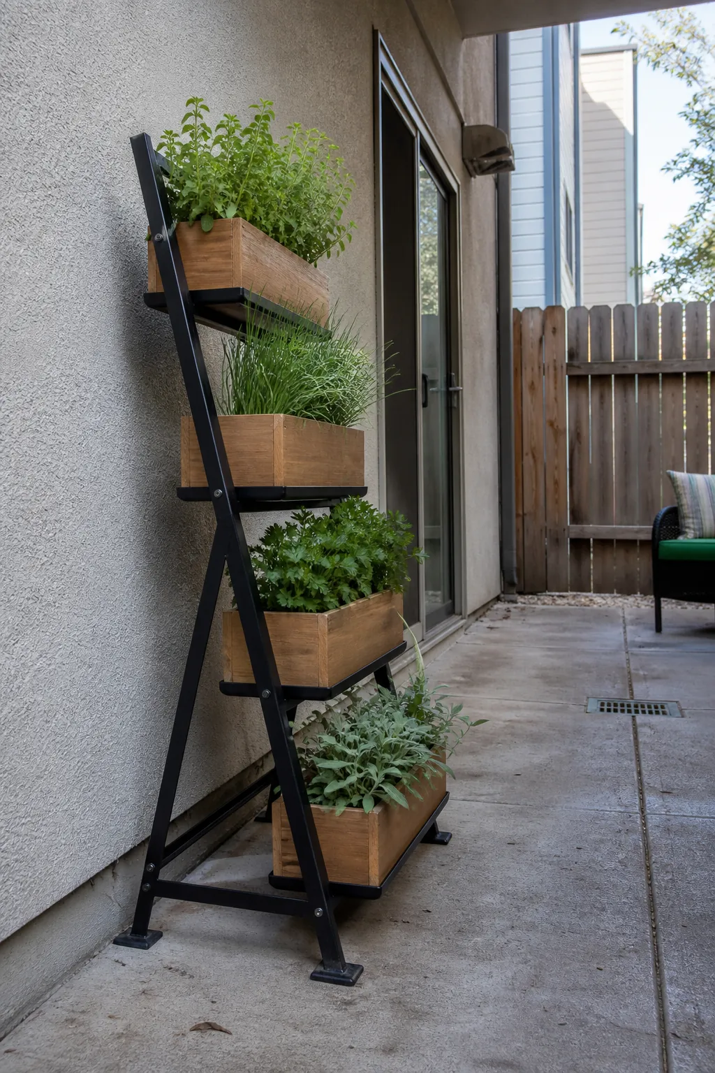 Freestanding vertical herb stand on a tiny rental patio