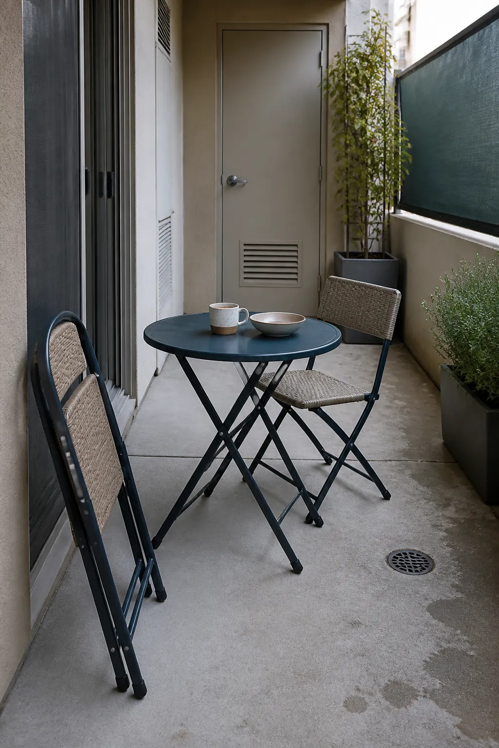 Foldable table and chairs on a tiny ground-floor apartment patio