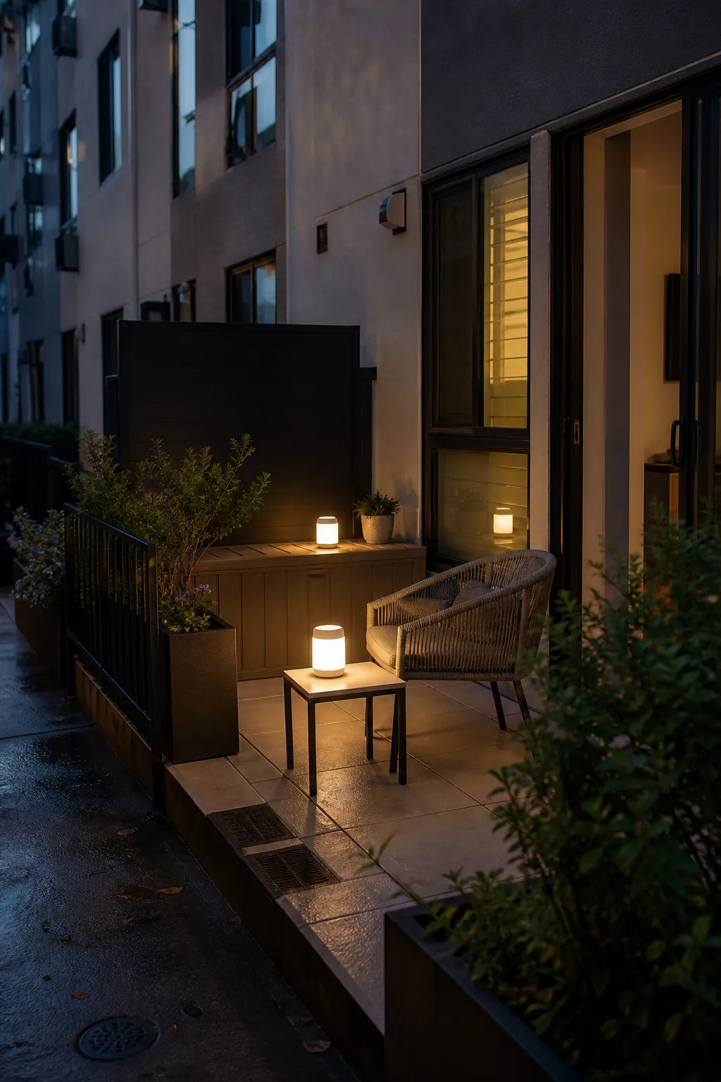 Low portable patio lights adding gentle evening illumination