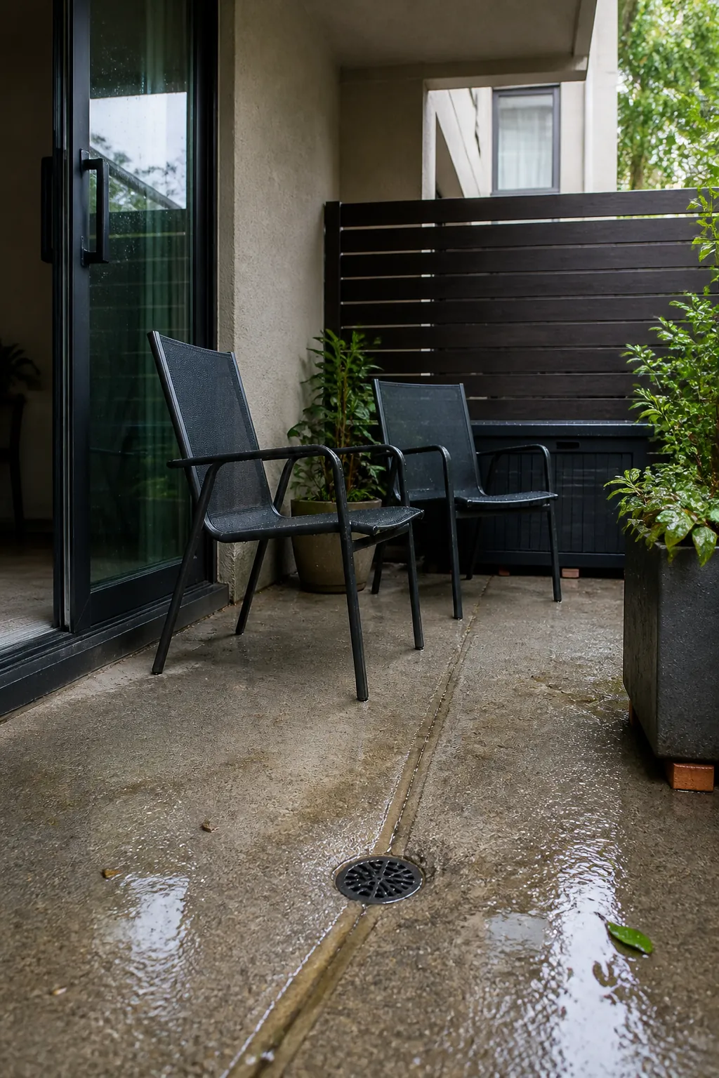 Compact apartment patio corner arranged for quick drying after rain