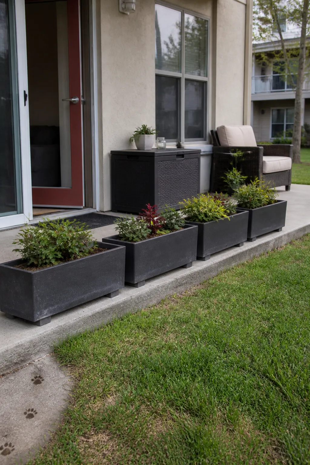Stable pet-aware planters edging a ground-floor apartment patio