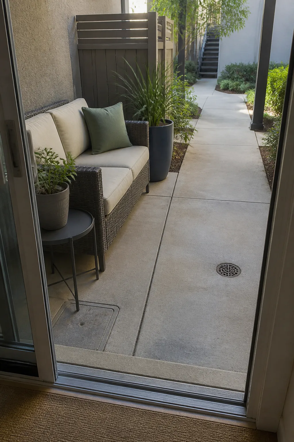 Ground-floor apartment patio with a clear route from door to shared path