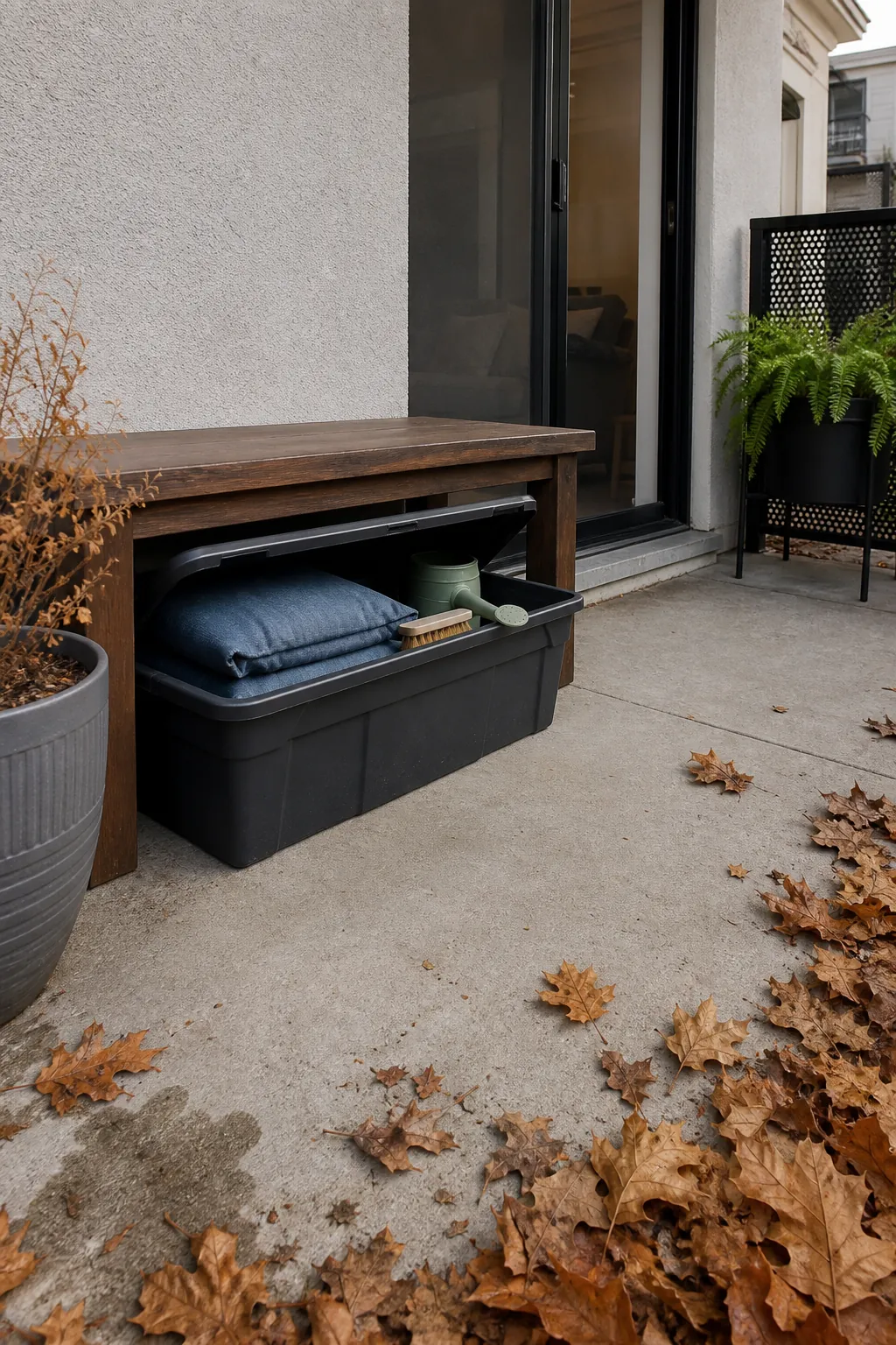 Single weatherproof bin organizing seasonal apartment patio items