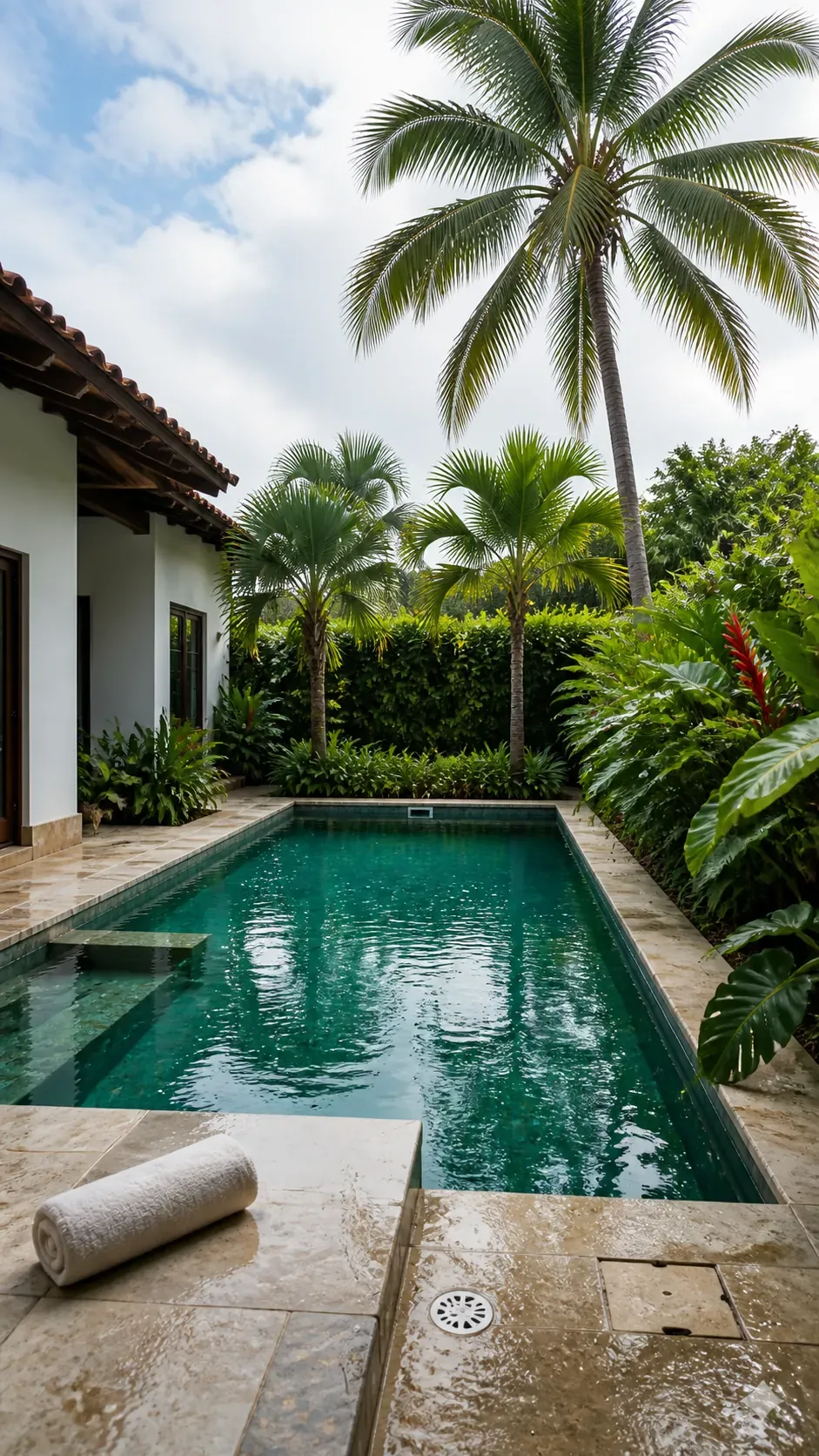 Tropical pool with layered palms, broadleaf shrubs, and open sky