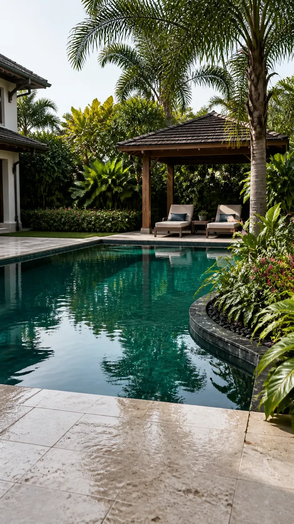Lush tropical backyard pool with layered planting and shaded pavilion
