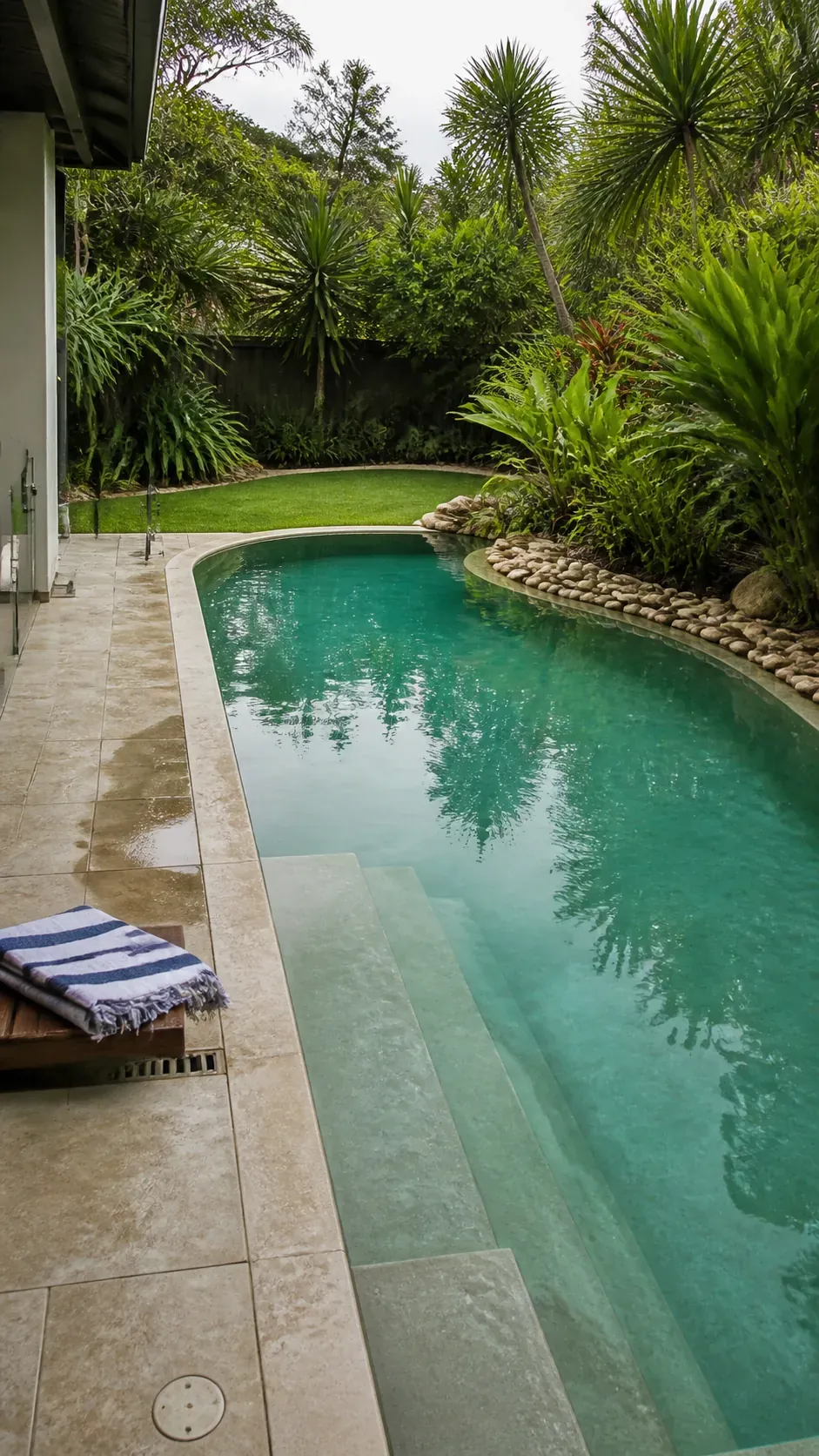 Tropical lagoon-style pool with a curved planted edge and clear entry