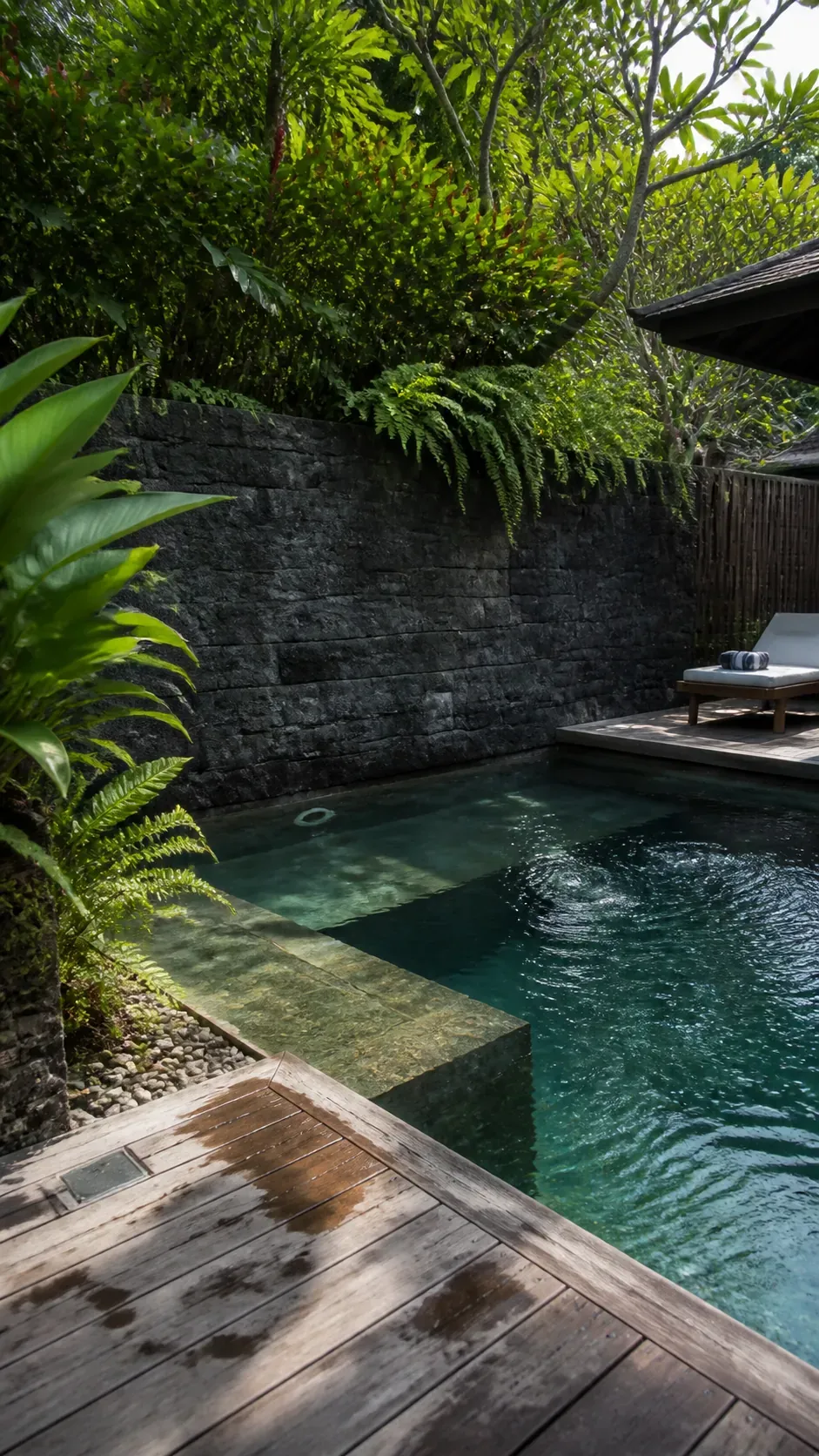 Bali-inspired tropical pool with a textured volcanic stone wall