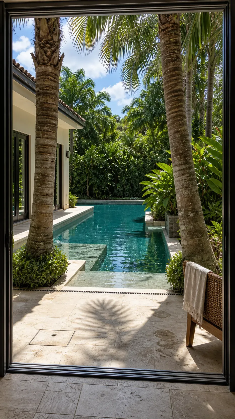 Tropical pool framed by palms from the house view