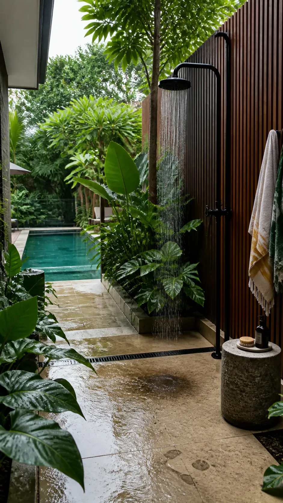 Tropical pool with a private planted outdoor shower court