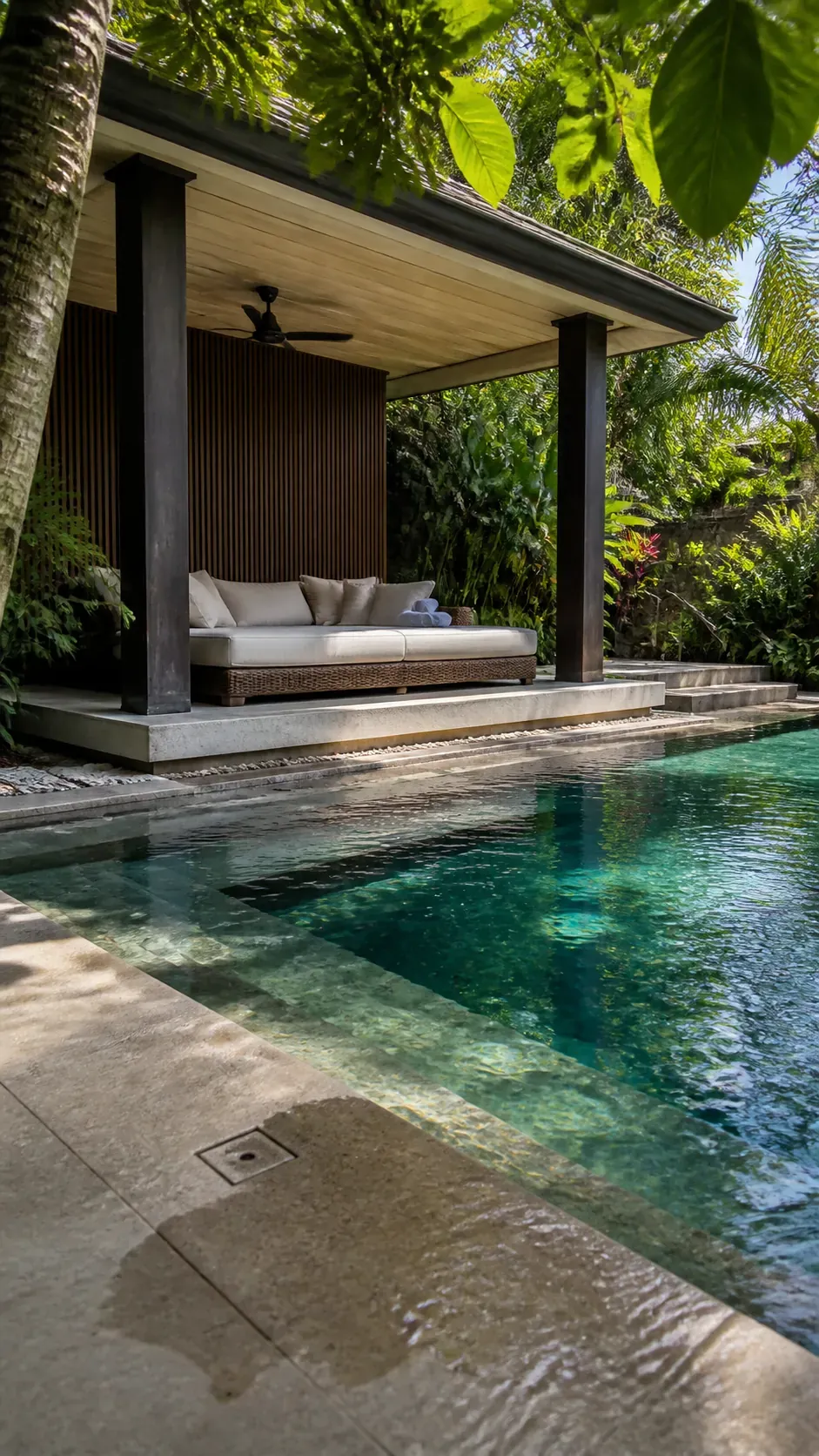 Tropical pool beside a shaded open-air daybed pavilion