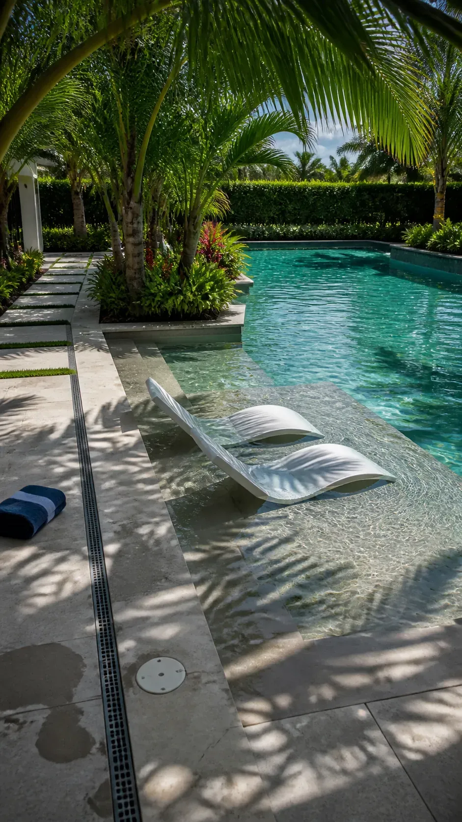 Tropical pool sun shelf under filtered palm shade