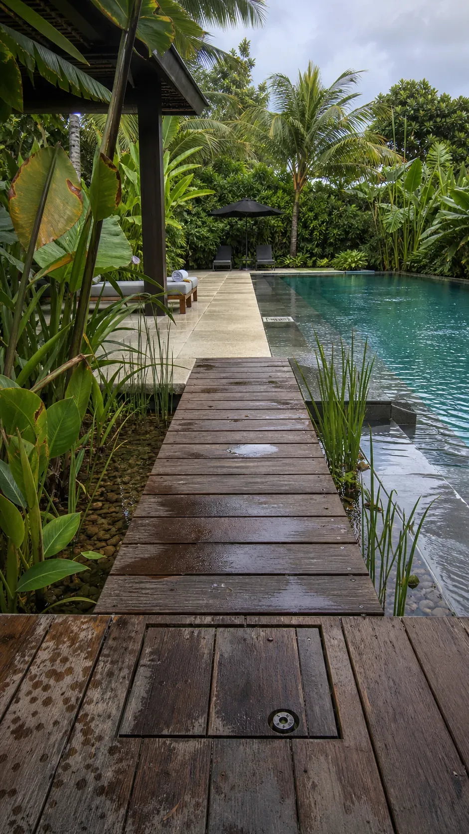 Tropical pool with a short timber bridge over a shallow planted zone