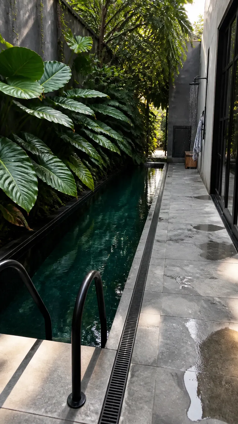 Narrow jungle-style lap pool with broadleaf planting and a clear path