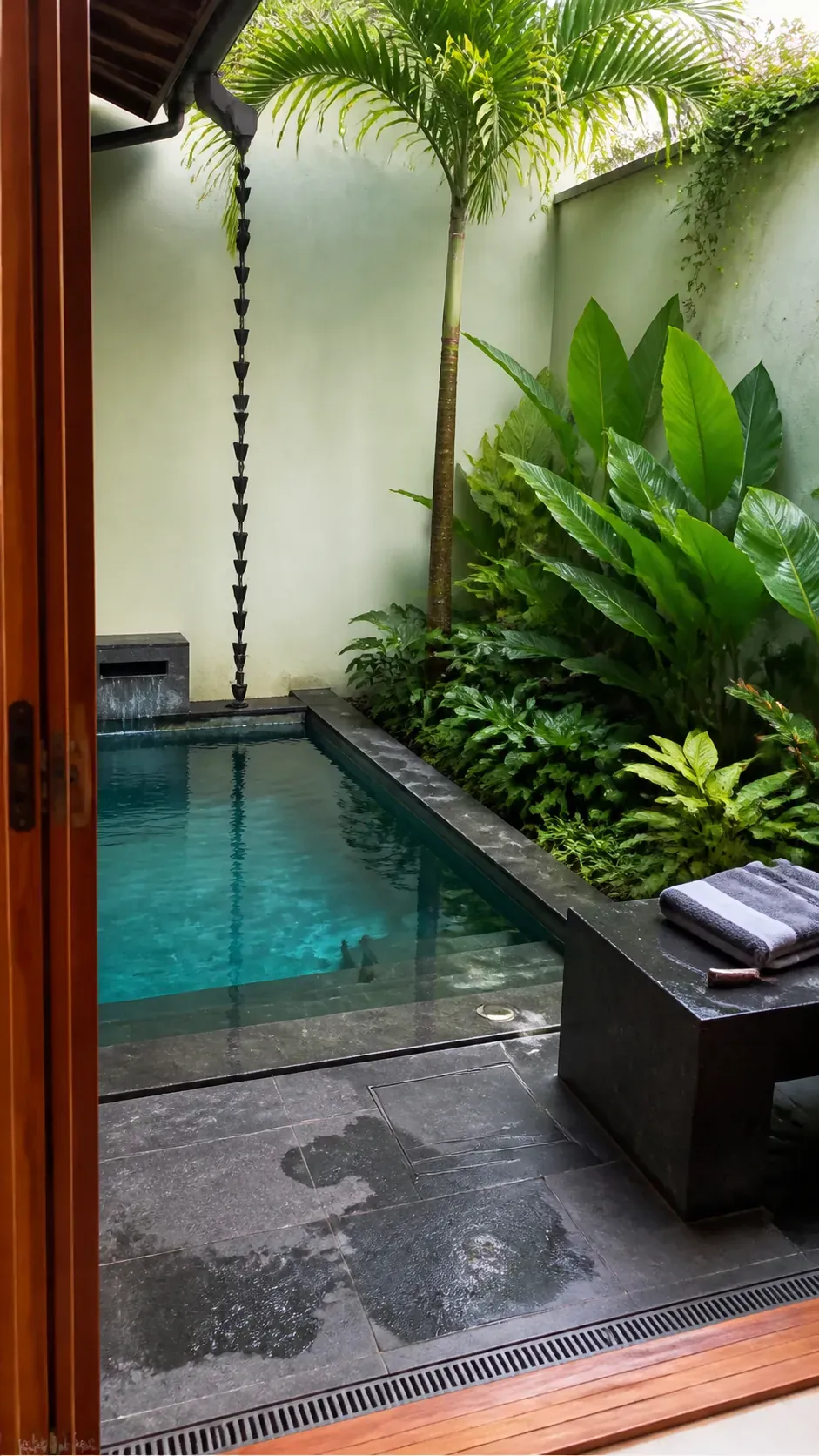 Compact tropical courtyard plunge pool with restrained lush planting