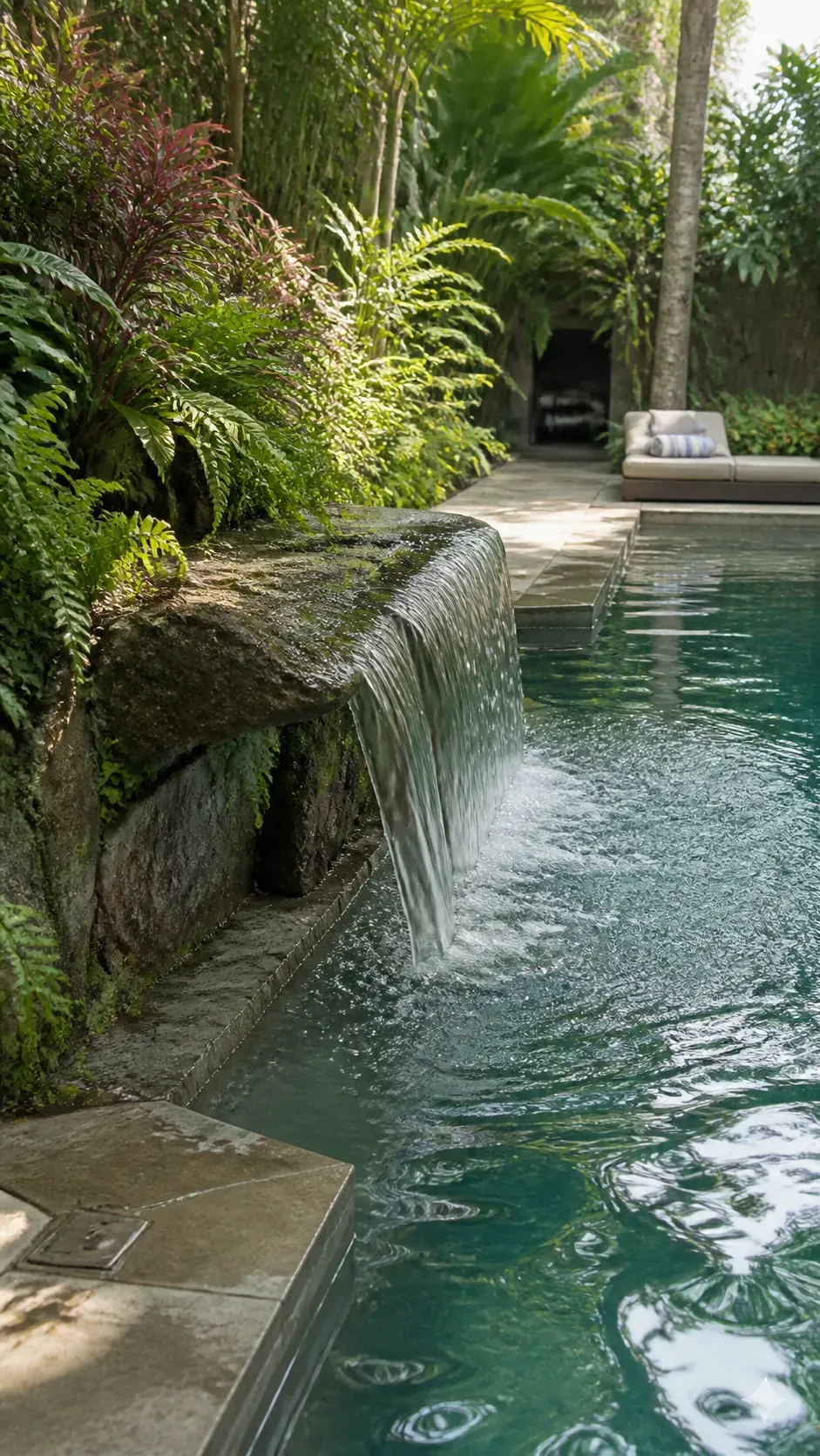Tropical pool with a low waterfall integrated into real planting
