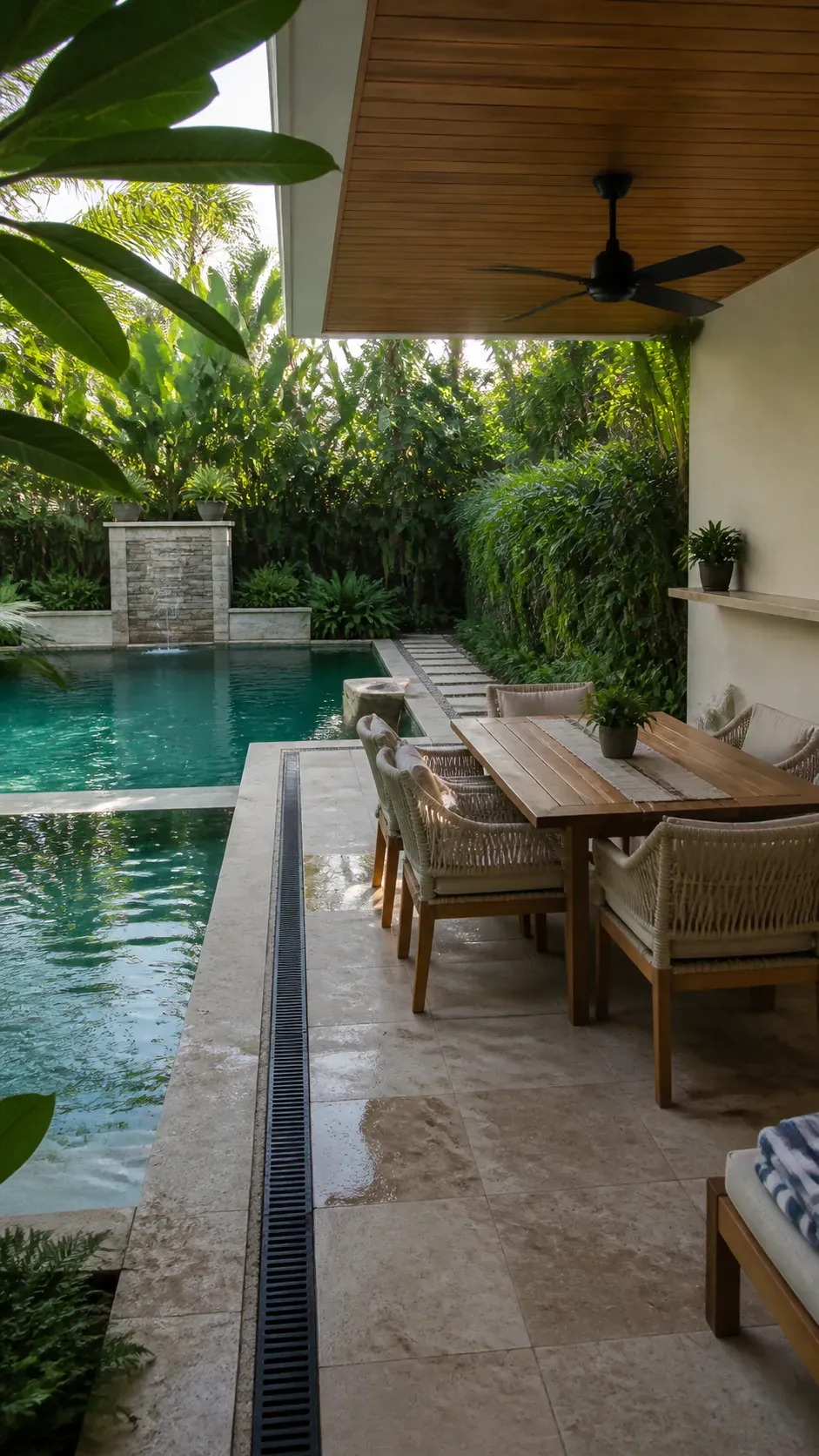 Tropical pool beside a covered open-air dining terrace