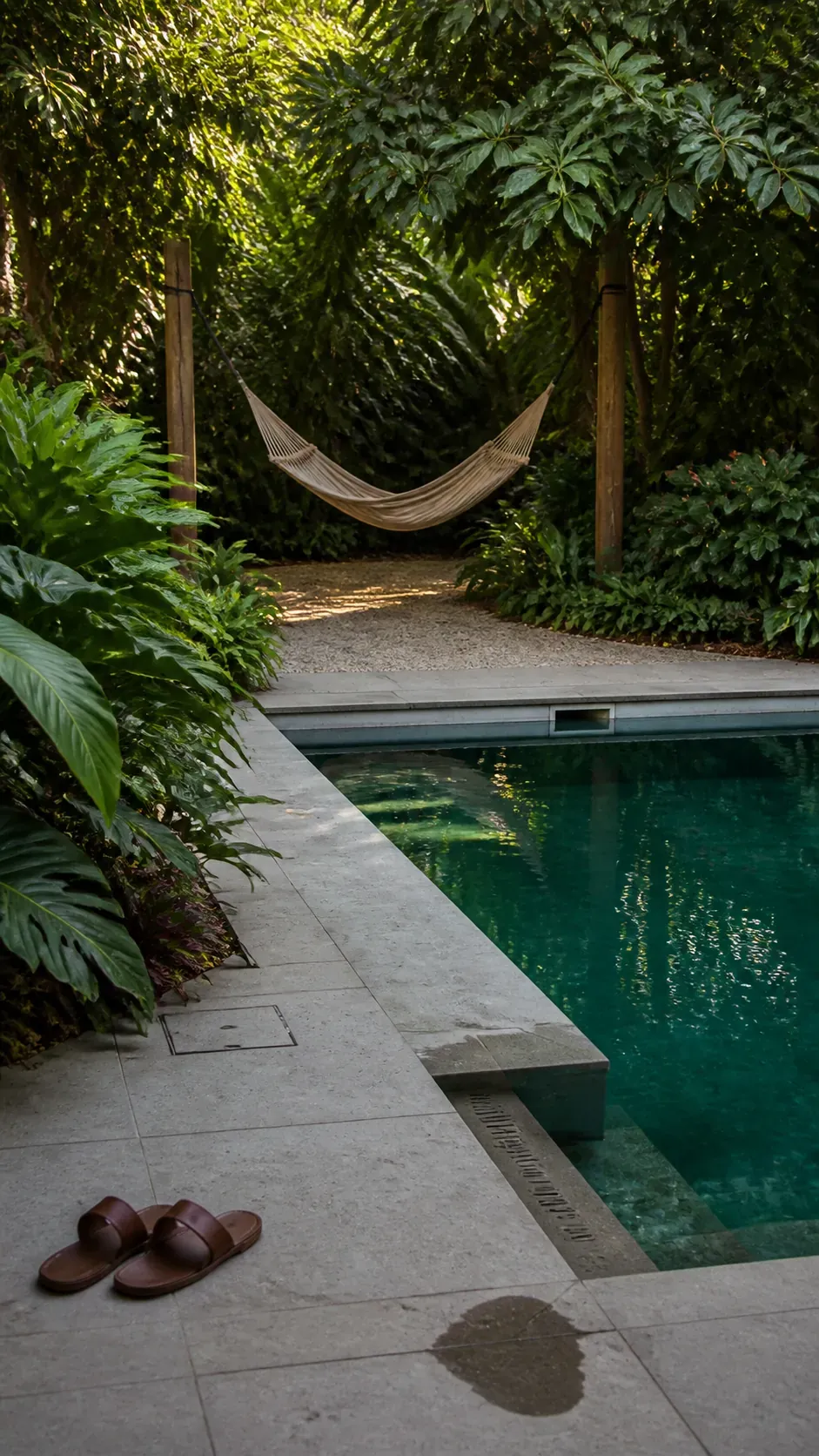 Tropical pool with a shaded hammock grove set back from the water