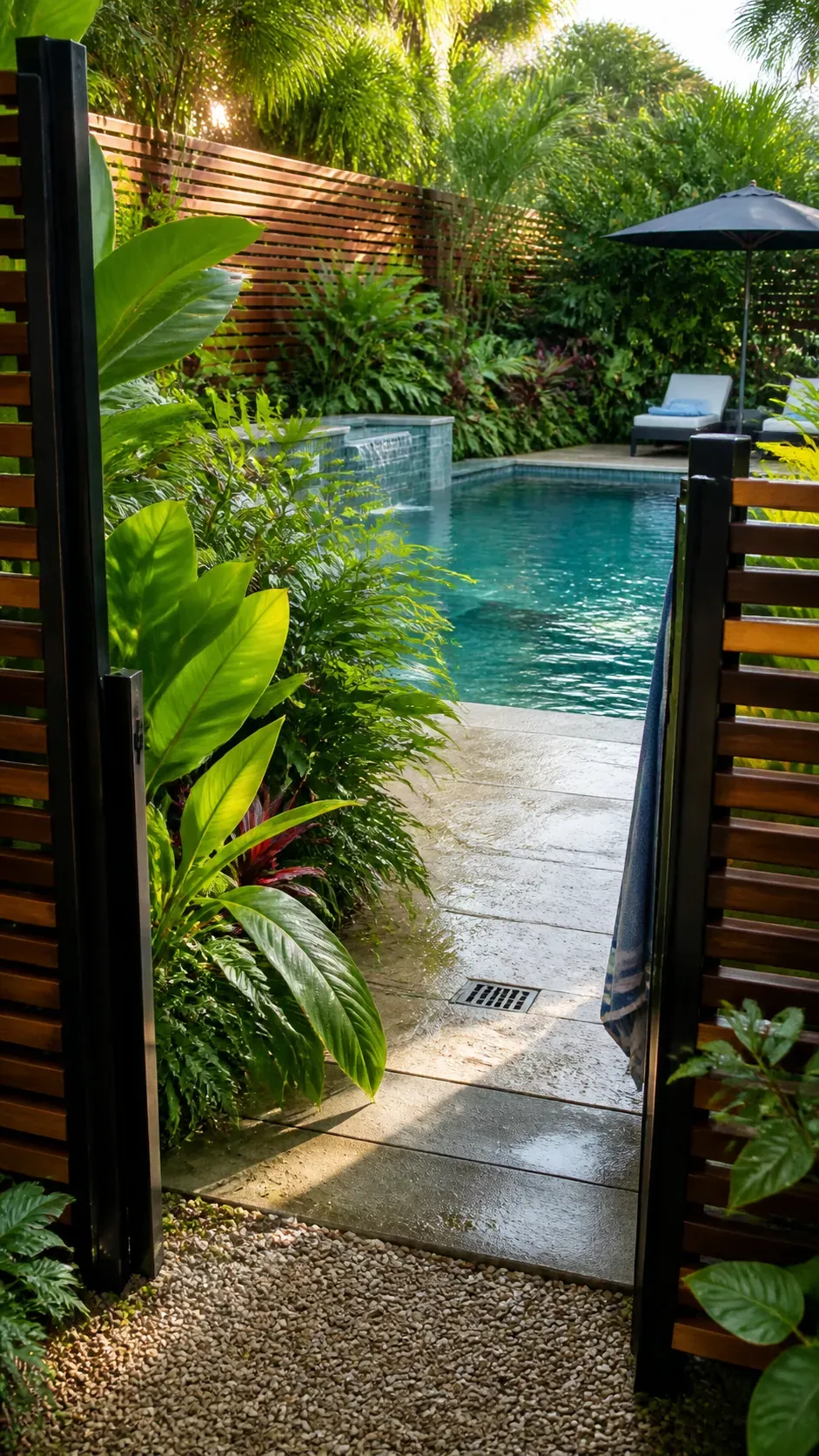 Tropical pool with a slatted privacy screen woven through planting