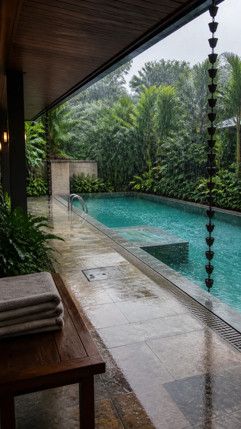 Tropical pool with a covered edge designed for heavy rain