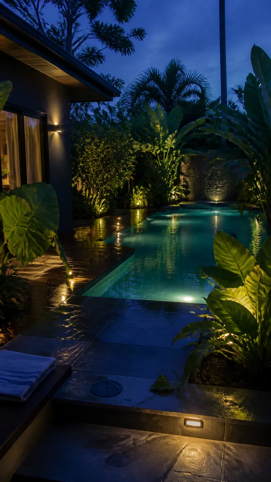 Tropical pool at night with low lighting through broad leaves