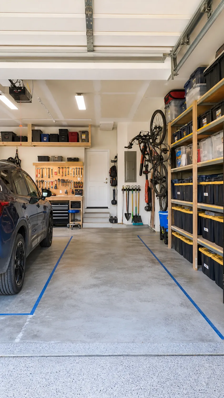 Organized two-car garage with DIY wall storage, shelves and clear parking lanes