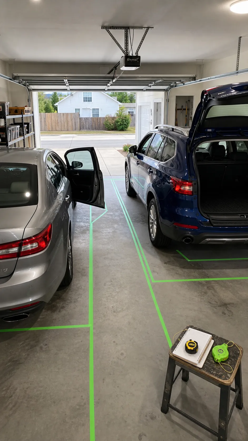 Two-car garage with taped parking and door clearance zones