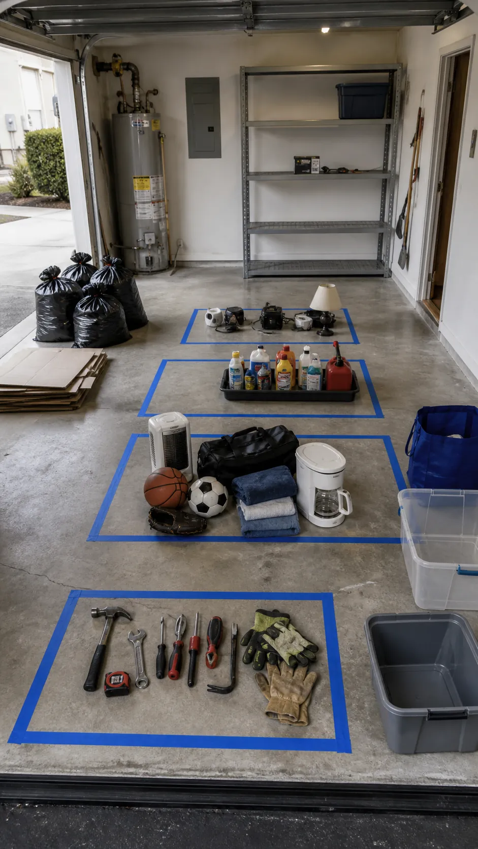 Garage floor divided into sorting zones with grouped household items