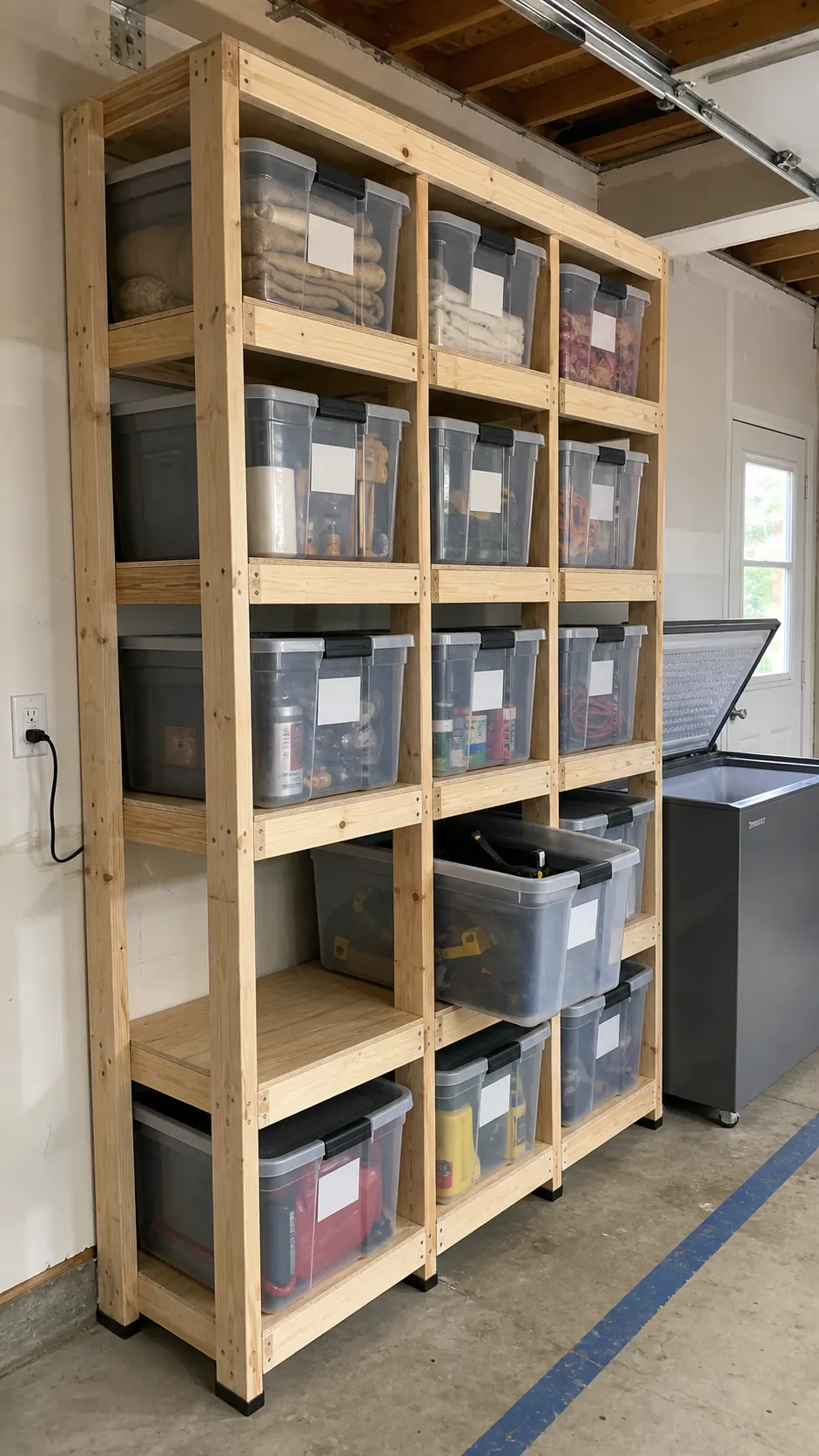 DIY wood garage shelving sized precisely for lidded storage bins