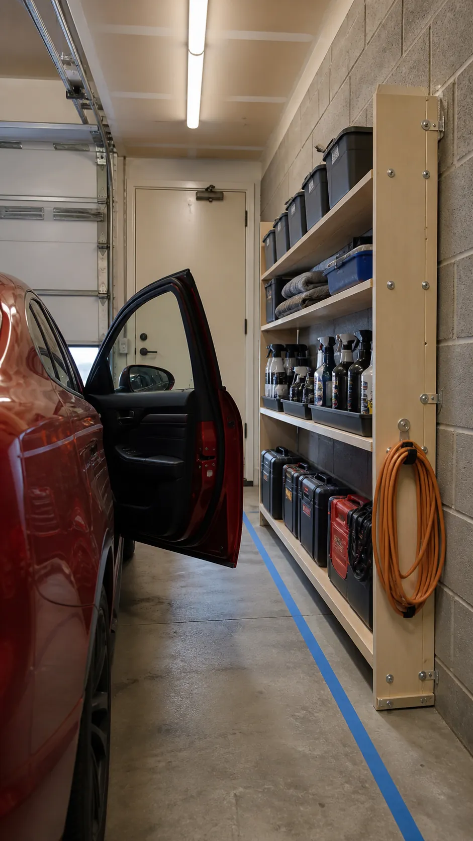 Shallow wall-mounted garage rack preserving car door clearance