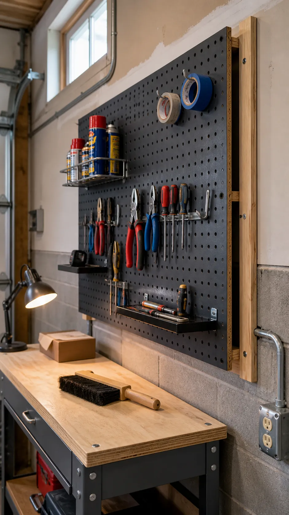 Framed garage pegboard mounted above a compact workbench
