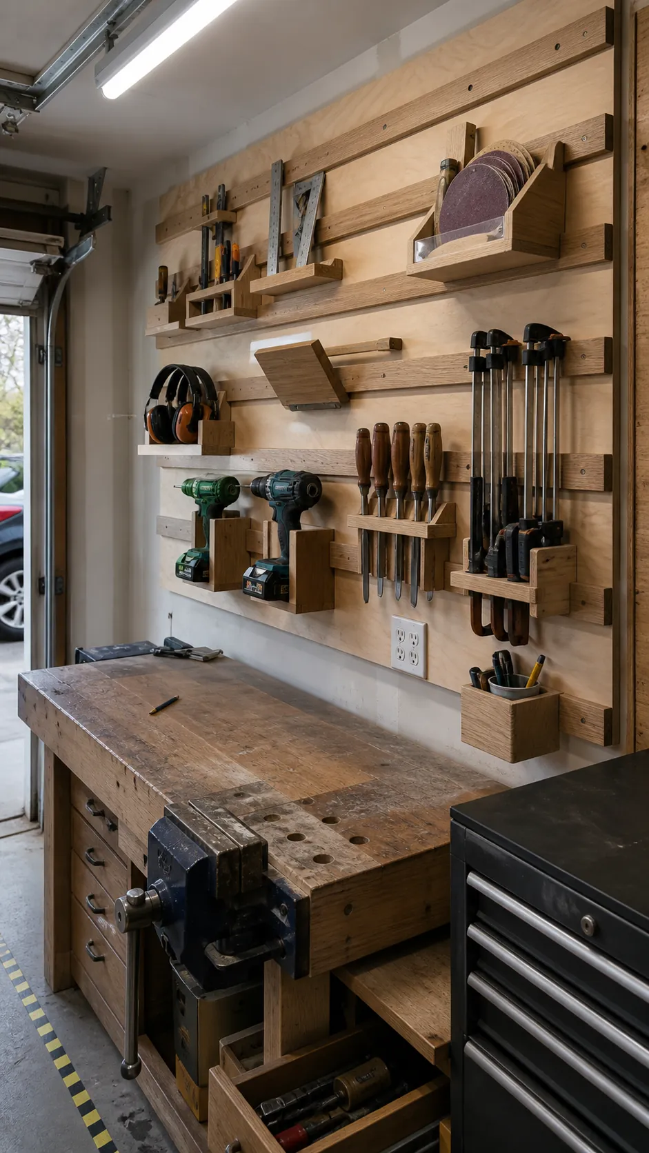DIY French cleat garage tool wall with custom plywood holders