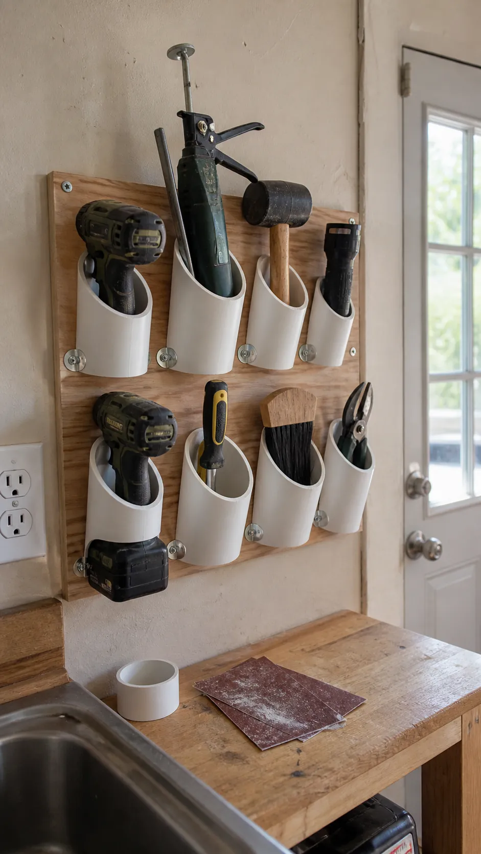 Scrap PVC sleeves organizing drills and hand tools on a garage wall