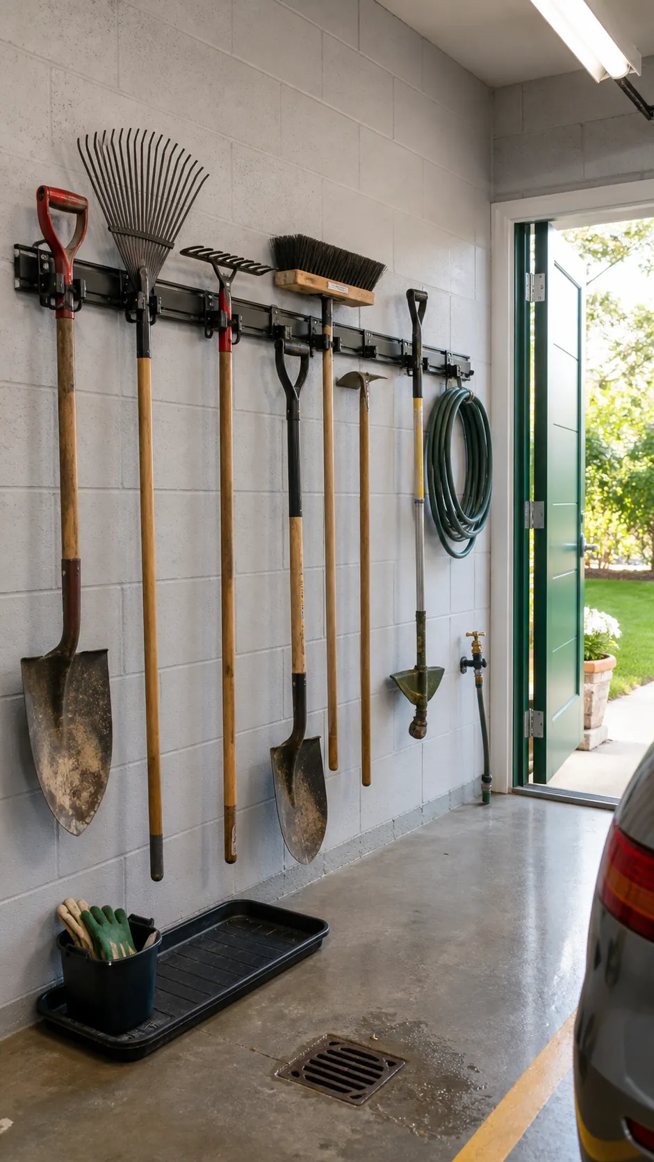 Wall rail organizing rakes shovels and brooms near a garage door