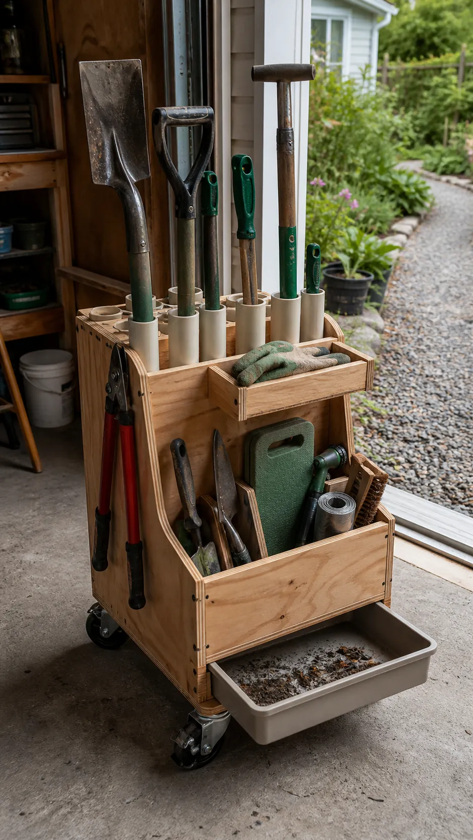 Narrow DIY rolling cart holding yard tools in a garage