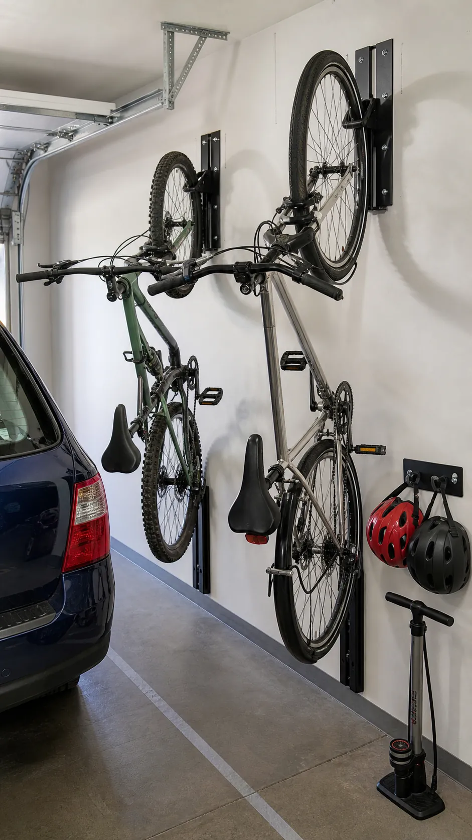 Bicycles on space-saving swivel wall mounts in a two-car garage